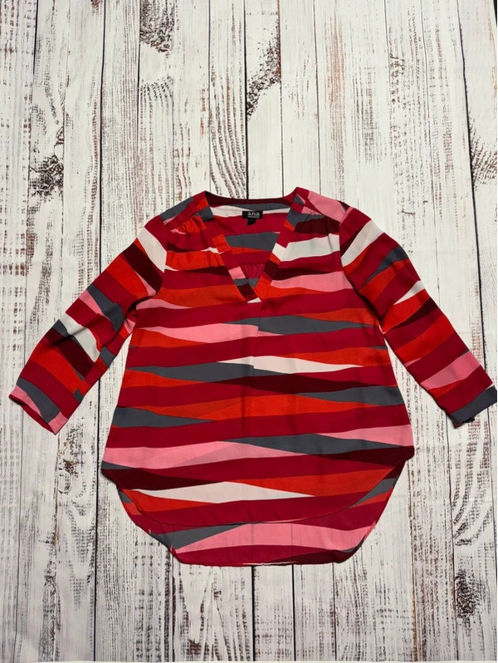 ana A New Approach Womens Red Pink Abstract Wave V-Neck 3/4 Sleeve Blouse Sz M